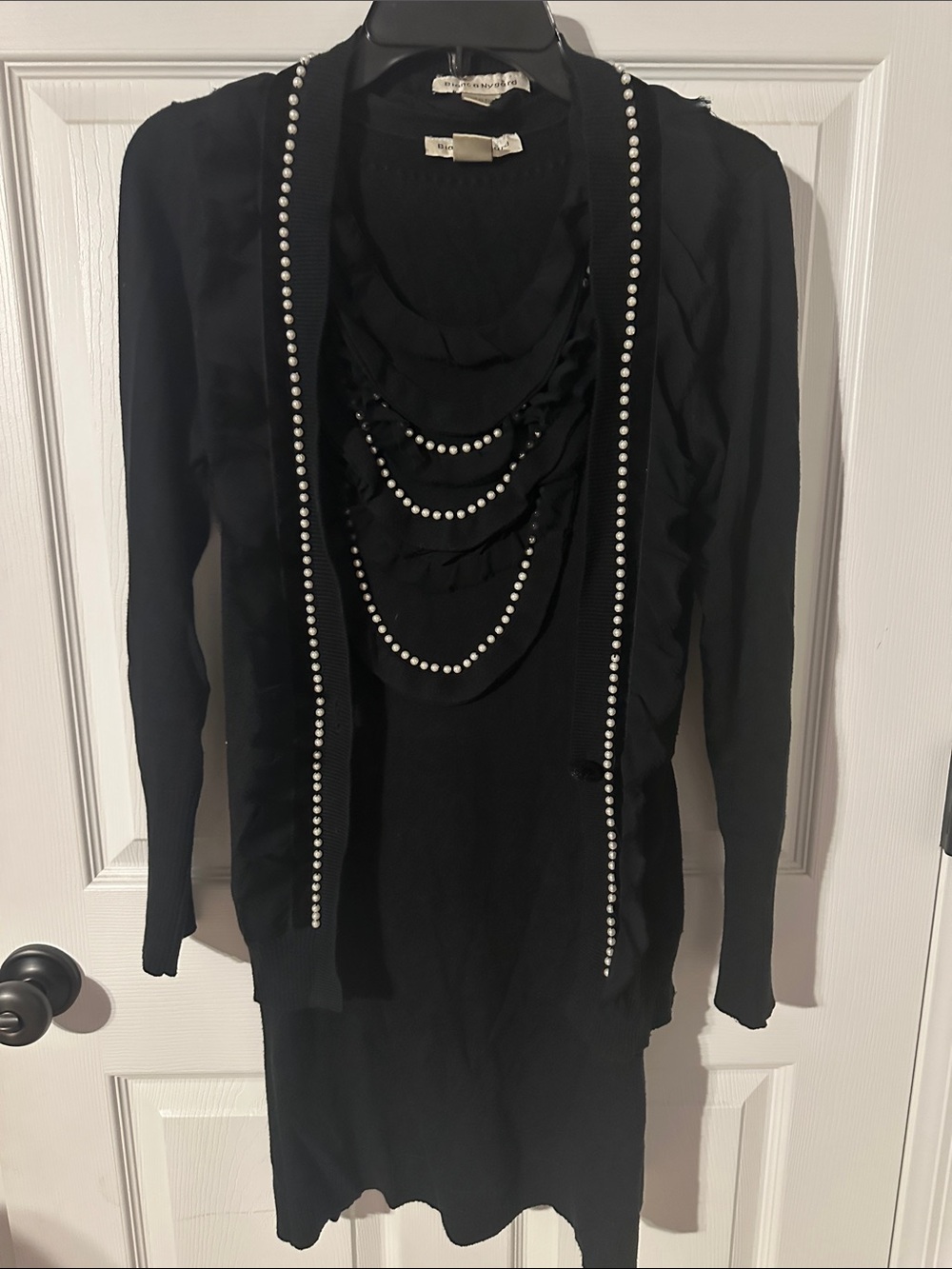 Bianca Nygard Women's Black Long-Sleeve Dress with Beaded Trim Cardigan - 2pc